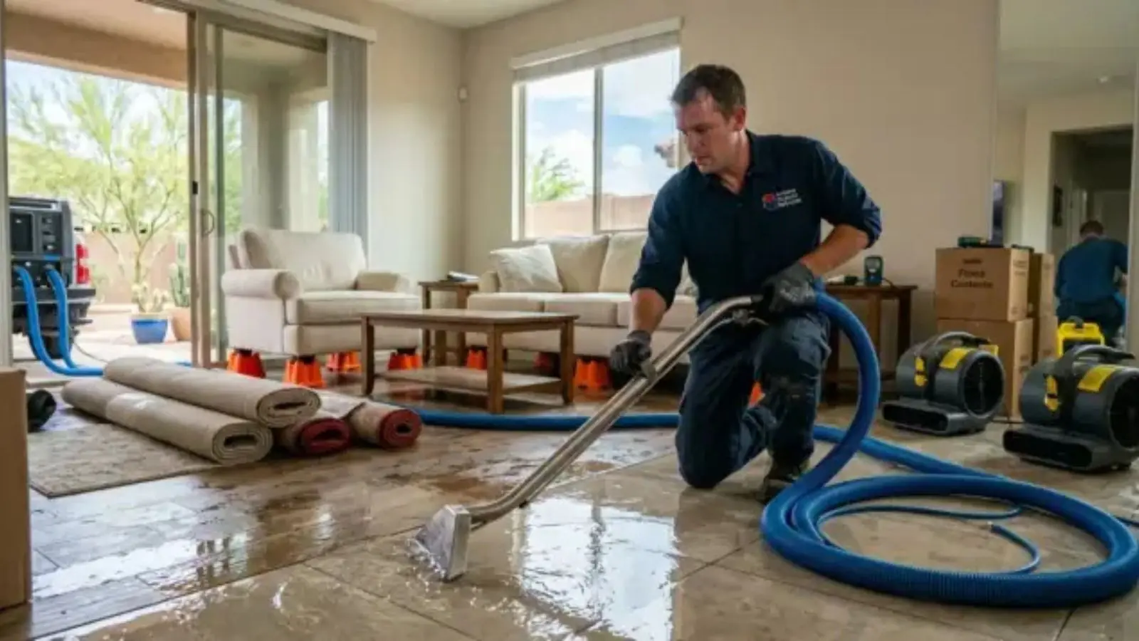 Water damage restoration crew drying a wet living room in San Pedro, California